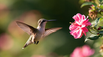 Naklejka premium Bird Suspended in Flight with Wings Spread by Flowers