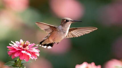 Naklejka premium Delicate Hummingbird Approaching Pink Bloom Against Soft Green Background
