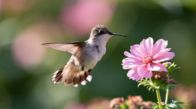 Hummingbird Hovering Beside Pink Flower in Summer Garden