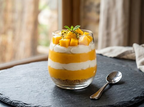 Fresh mango mousse dessert in a glass with yogurt layers on a dark stone board. Mango Mousse Recipe
