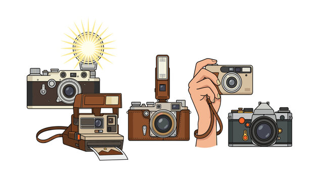 Vector collection of vintage cameras and photography gear. instant camera, slr, rangefinder, camera flash, hand holding point and shoot.
