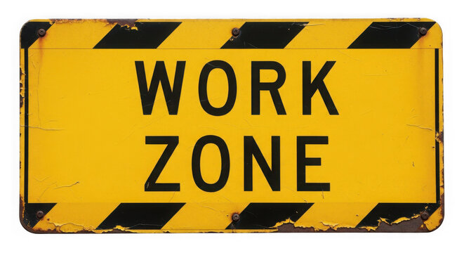A yellow sign with black letters saying work zone isolated on transparent background