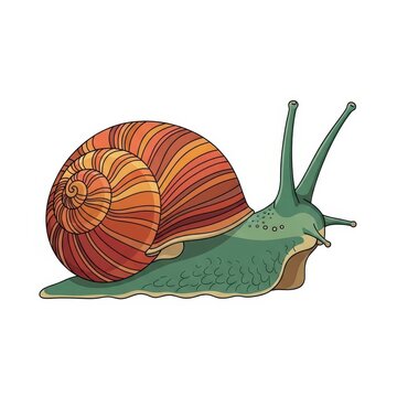Colorful illustrated garden snail with spiral shell on white background.