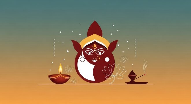 Colorful Hindu Goddess Illustration with Diya Lamps and Decorations.