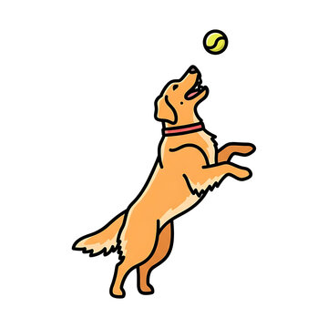 Playful golden retriever dog jumping up to catch a yellow toy ball vector illustration