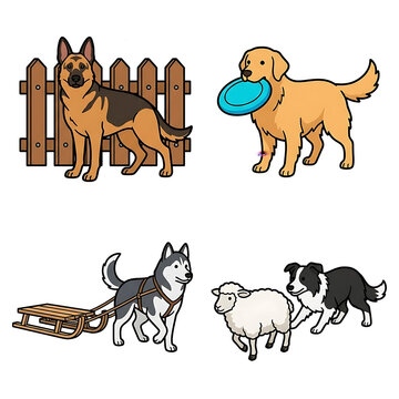 Cartoon vector illustration set of active dog breeds including german shepherd husky golden retriever and herding collie