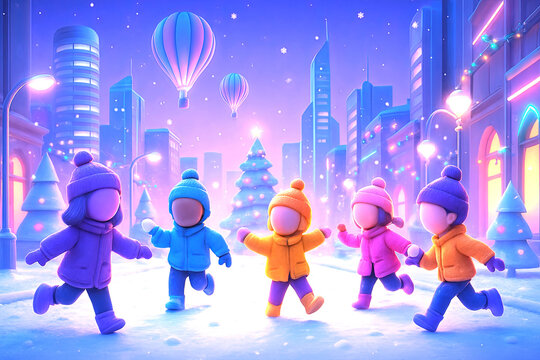 Illustrations of children playing happily on Christmas Day.