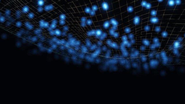 A mesmerizing digital animation unfolds against a deep, velvety black background, featuring a dynamic wave of luminous blue particles that create an impression of depth and movement in a continuous