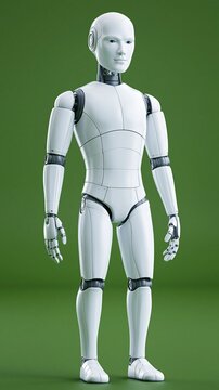 A white humanoid robot with a smooth metallic body and articulated joints stands upright against a solid green background.