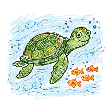 Charming green sea turtle swimming with a school of vibrant orange fish in a whimsical underwater scene with bubbles