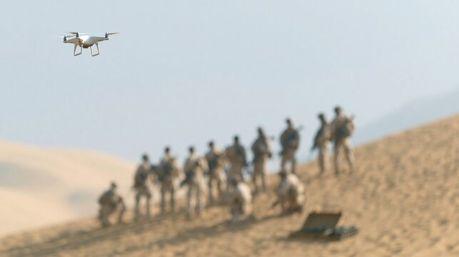 A white drone flies over a blurred group of soldiers in desert camouflage gear standing on sandy dunes under a clear sky.
