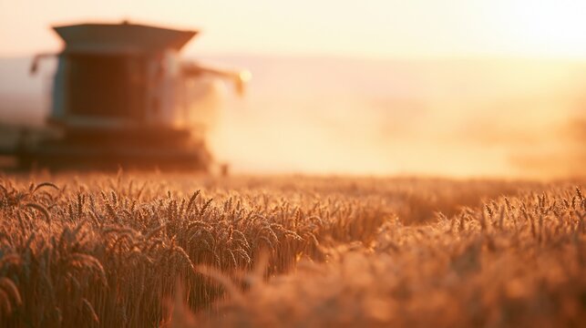 Golden wheat field in foreground with blurred combine harvester working during warm sunset glow