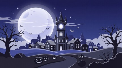 Naklejka premium A spooky night scene featuring a gothic town silhouette with a clock tower under a large full moon