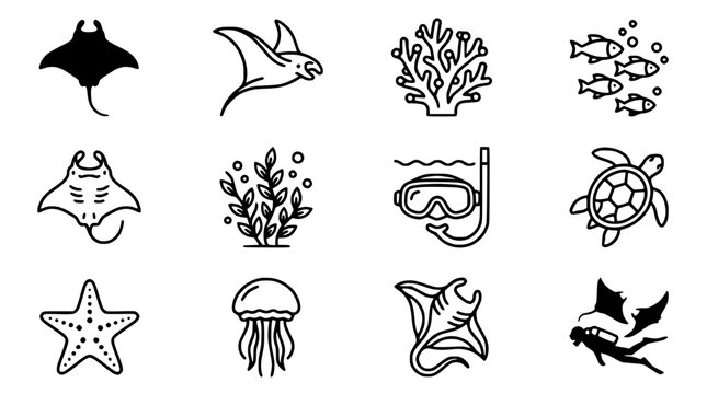 Ocean Life Icon Set: Manta Rays, Turtle, Fish, Starfish, Jellyfish, Snorkel, Coral