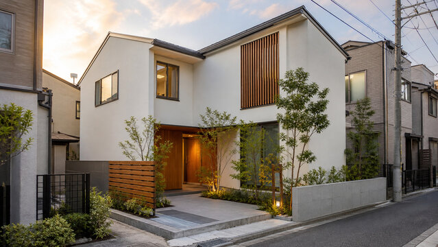夕暮れの都市住宅地に建つ白と木目のモダンな二階建て戸建住宅
