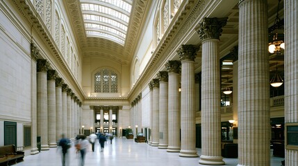 Fototapeta premium Blurred pedestrians walking through grand historic hall with tall columns and arched skylight.
