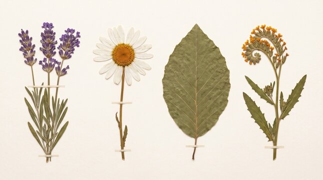 Dried pressed flowers and leaves arranged neatly on paper background, representing herbarium collection and botanical preservation concept