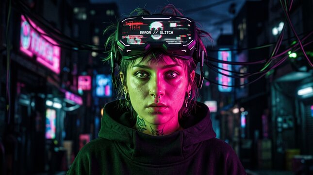 A person wearing a VR headset stands in a neon lit cyberpunk city street at night.