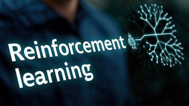 A person wearing a blue shirt with the text reinforcement learning and a digital neural network graphic displayed on screen