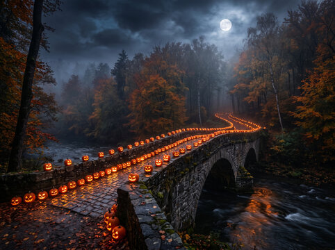 Stone Bridge Decorated with Glowing Jack O Lanterns in a Misty Autumn Forest at Night