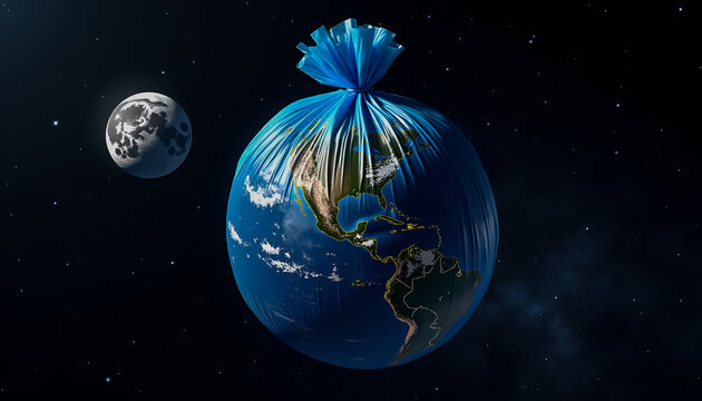 Planet Earth wrapped inside a blue plastic trash bag floating in deep space next to the moon, cinematic light, global pollution awareness, environmental activism, or climate change conference