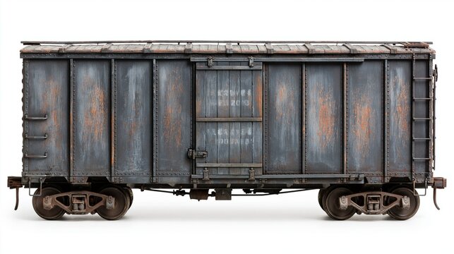 Side view of a weathered vintage freight train car isolated on white background with rust and peeling paint details