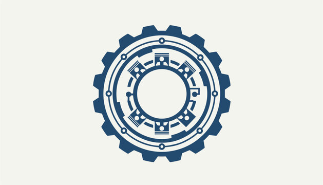 Blue gear icon with mechanical pistons inside, representing engine power, automotive engineering, and industrial technology.