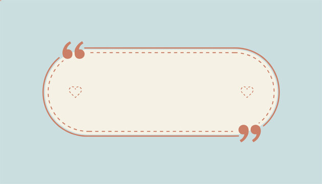 Quote template frame in rounded rectangle shape with hearts and speech bubble quotes on a light blue background.