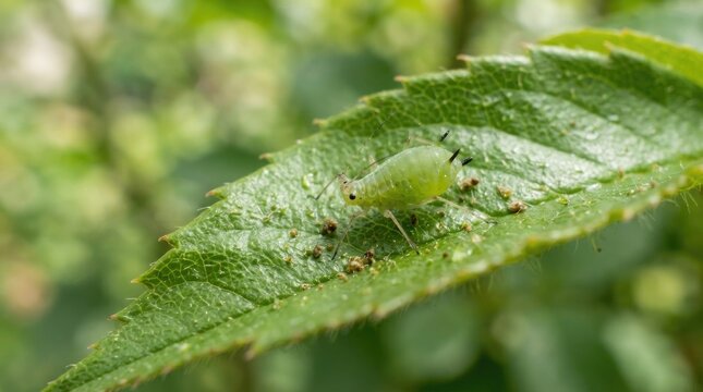 Macro view of green aphid feeding on serrated garden leaf surface with presents macro perspective resting vibrant serrated soft natural lighting close up agriculture environment entomology