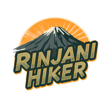 Rinjani Hiker logo design with a stylized mountain peak and sunrise background.