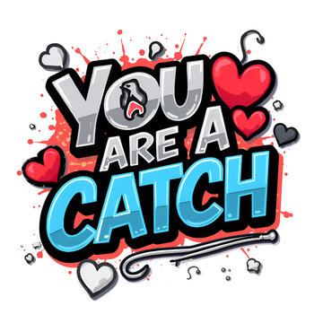 You are a catch romantic hand drawn lettering design with hearts and red paint splatter.