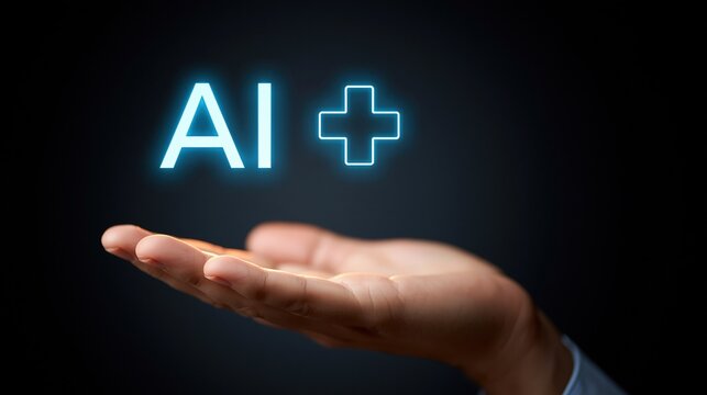 Human hand presenting glowing blue ai plus symbol against dark background representing artificial intelligence healthcare innovation