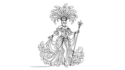 Elegant Woman Mardi Gras Queen with Feather Headdress and Scepter, Line Art © Fafa