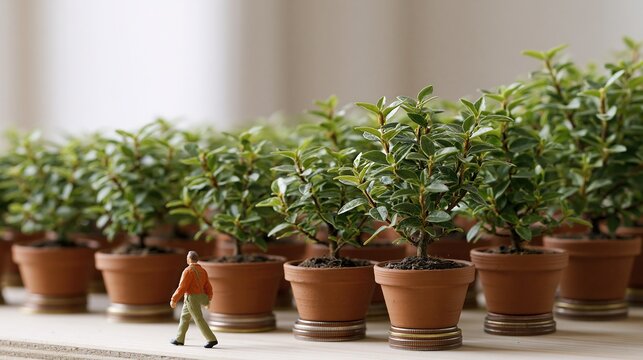 Tiny businessman figure walking past rows of small potted plants resting on stacks of coins, symbolizing financial growth.