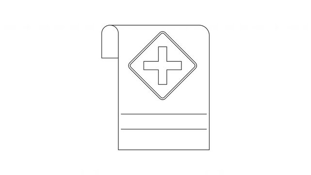 Simple Line Art Icon of Medical Document with Plus Sign.