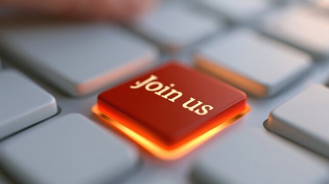 Close-up of a red keyboard key with the text join us glowing orange against surrounding grey keys