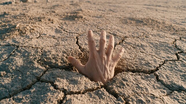 A human hand reaches upward from the center of a dry, cracked earth surface symbolizing drought desperation and environmental crisis.