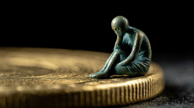 Tiny sad bronze figure sitting on a golden coin against dark background symbolizing financial worry