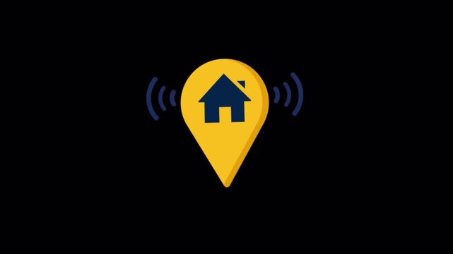 Animated Location Pin Icon with House Symbol and Signal Waves - Transparent