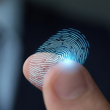 Close-up of a human finger with a glowing blue fingerprint pattern overlay against a dark background