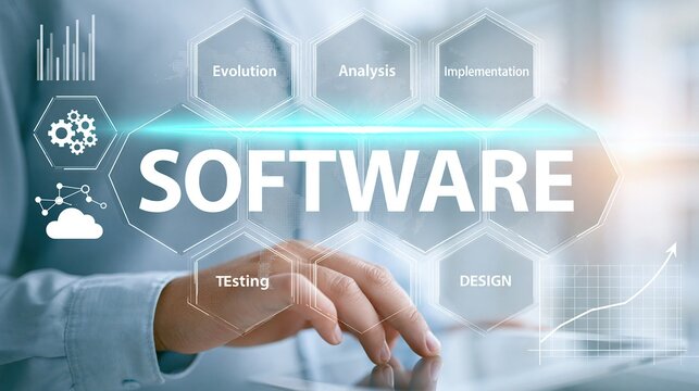 Business professional interacting with futuristic software interface displaying development stages and analytics on transparent screen.