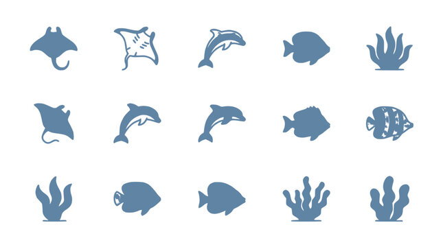 Ocean Life Icons: Dolphins, Rays, Fish, and Seaweed on Transparent Background