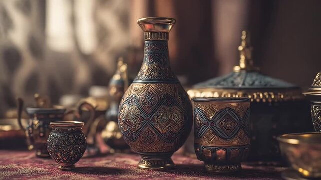 Ornate traditional ceramic pottery and vases on table.