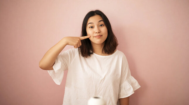 Portrait of a happy young woman pointing finger at her cheek