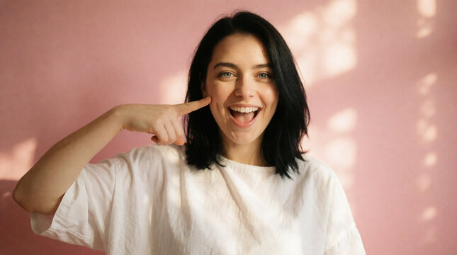 Portrait of a happy young woman pointing finger at her cheek