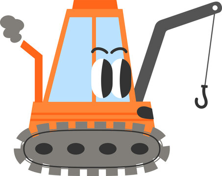 Excavator Crane Cute construction vehicles flat vector illustration