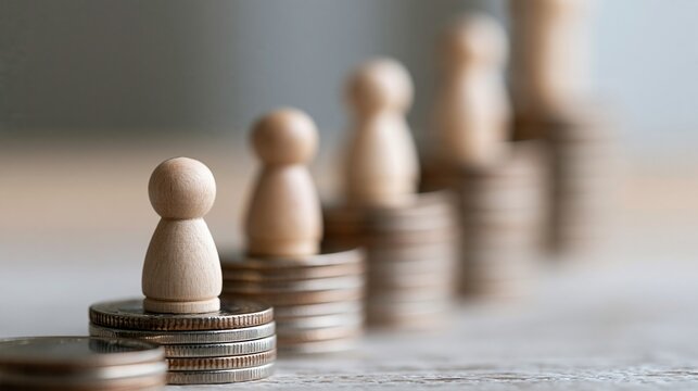 Wooden game pieces standing on stacks of silver coins in a row, symbolizing financial growth and investment concepts.