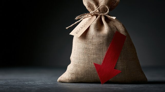 Brown burlap sack labeled recession with red downward arrow symbolizing financial decline on dark surface