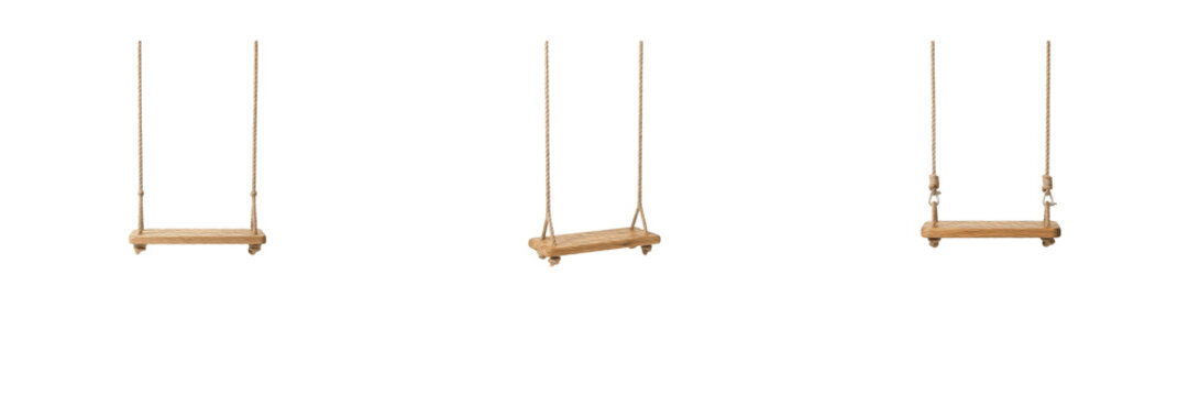 Classic wooden tree swing with ropes isolated on white background stock PNG graphic asset