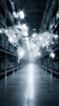 Holographic world map floating above a warehouse aisle with glowing connection lines between continents